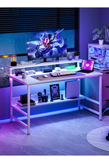 Sheinhome Gaming Table with 3 Heights Adjustable Monitor Stand,Home Office Desk with Bookshelf