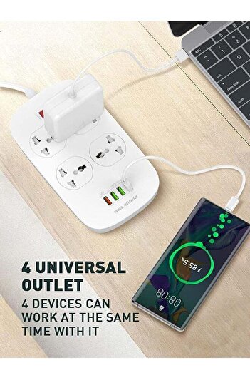 COOYA سلك تمديد طاقة عالمي 2 متر مزود بـ 4 مقابس طاقة و4 فتحات USB، وفتحة شحن سريع QC3.0