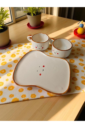 Soli Seramik Handmade Cheerful Ceramic 3-Piece Breakfast Set – Special Presentation with Smiling Face Design