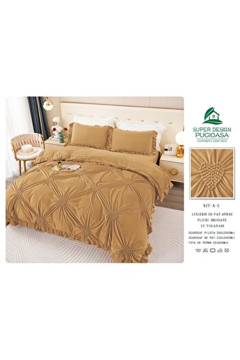OEM Double Bed Set, Uni, Embroidered Hearts Model, 6 Pieces, Finet, 230x250cm Light Brown