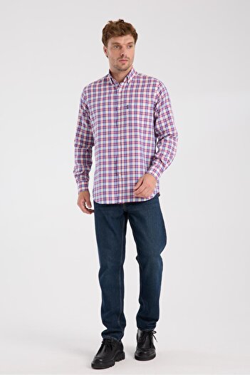 Abbate AClub Aclub Ac10087 Poplin Cotton Regular Fit Red Button-Down Collar Men's Checkered Shirt