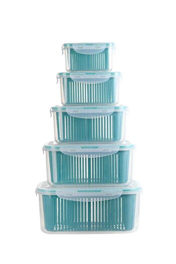 COOYA Fruit Storage Containers,Produce Savers with Drain Colander,Fridge Organizer,Blue,5 Pack