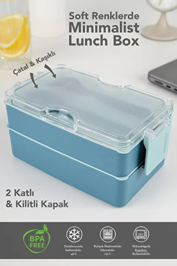 Meleni Home 2 Layer Ziplock Lunch Box - Lunch Box with Self-Fork Spoon Lunch Box Storage Container Blue