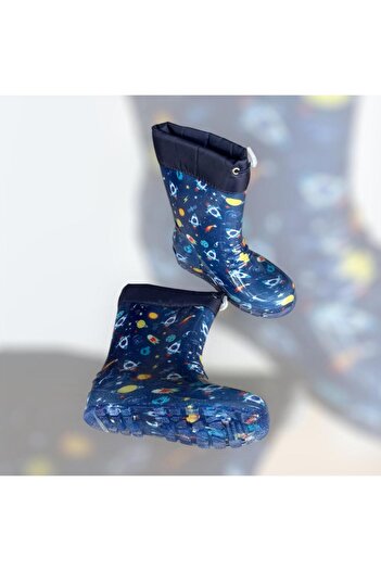 İpek Boy Navy Space Printed Waterproof Rain Boots with Fur Inside