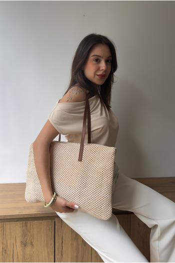 Mupa Shoes Women's Straw Hand and Shoulder Bag Beige Straw