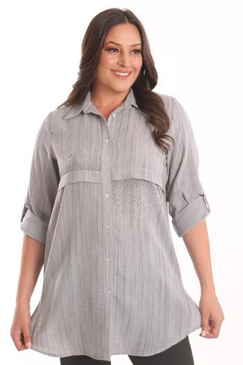Metpoint Trend42Plus Large Size Black Stone Printed Allerli Shirt