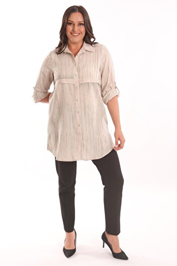 Metpoint Trend42Plus Large Size Beige Stone Printed Allerli Shirt
