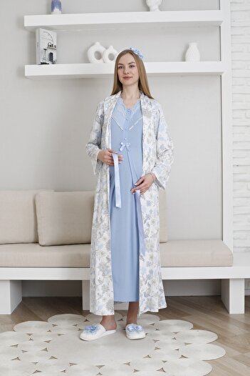 ERDENİZ TEKSTİL Flower Patterned Maternity Maternity 2-Piece Set with Short Sleeves and Button Collar