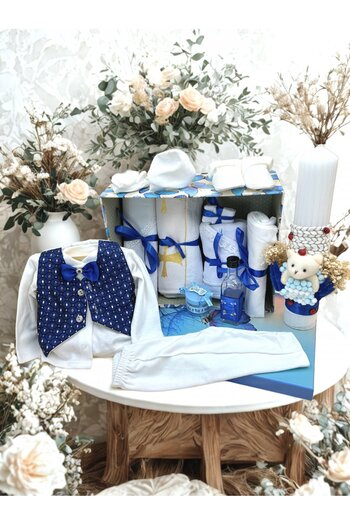 OEM Set complet botez băieți - costum elegant 0-3 luni + lumânare și accesorii