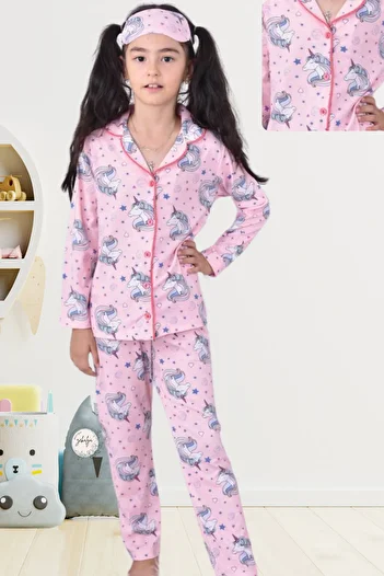 Zekalya Unicorn Patterned Girl's Shirt Collar Buttoned Pink Pajama Set