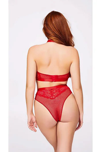 WİYONA Women's Red Mesh Zippered Sexy Fancy Underwear Set