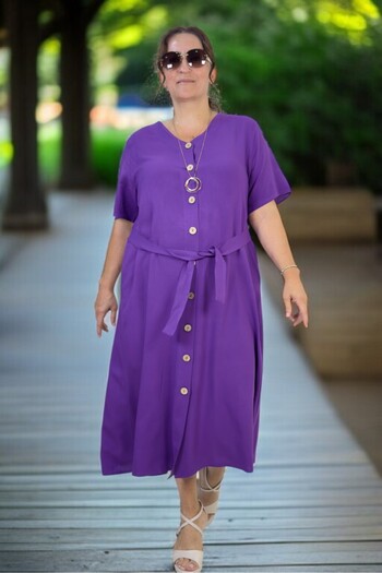 yagmurberen Yandan Pocketed Belt Full Button Detail Short Sleeve Cotton Viscosin Large Size Dress