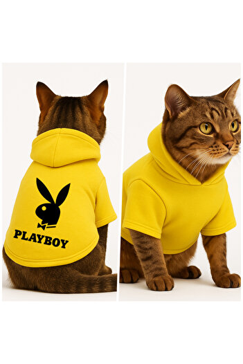 Buddy Store سويت شيرت أصفر بقلنسوة على شكل قطة مطبوع عليه Playboy مقاس XL