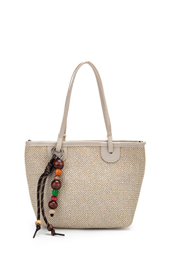 minebag Wooden Bead Detailed Straw Women's Crossbody Bag Missy Cream