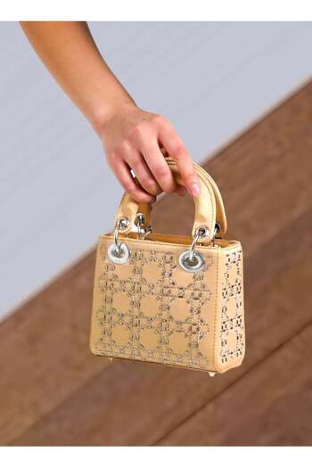Generic embellished Mini leather crossbody/carry bag in Gold-tone crystal-cut appliques