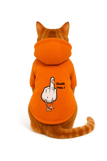 Buddy Store سويت شيرت بقلنسوة برتقالي اللون من Cat Outfit مطبوع عليه Duck You مقاس S