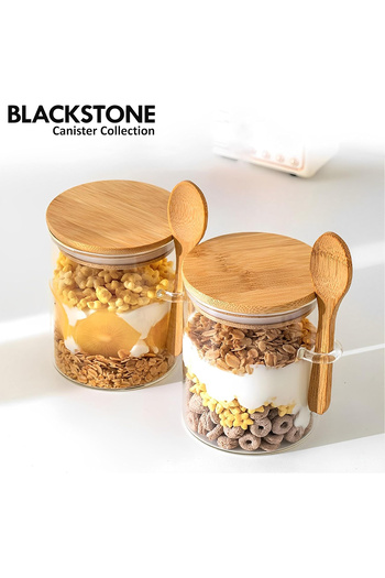 Blackstone 2‑Pack 400 ml Clear Glass Storage Canister Set with Wooden Spoon – Airtight Sealed Lid