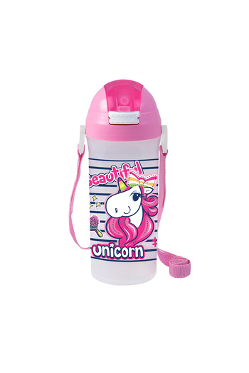 Herevin 610ml Unicorn Printed School Bottle with Straw - Kids Water Bottle Silicone & Steel, Pink
