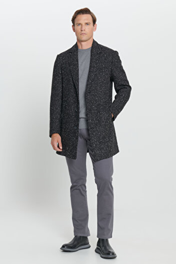 AC&Co / Altınyıldız Classics Men's Black Standard Fit Regular Fit Mono Collar Print Woolen Coat