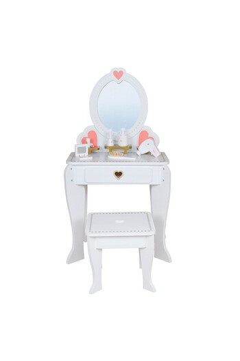 PROCART Set de toaletă pentru fete, oglindă și scaun din lemn, 5 accesorii pentru păr și machiaj
