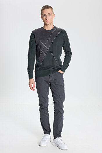 AC&Co / Altınyıldız Classics Men's Khaki-Gray Wool Standard Fit Regular Cut Crew Neck Print Knitwear Sweater