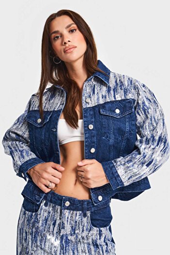 its basic Women's Blue Color 1W5-4 Oversize Sequin Special Fabric 100% Cotton Design Denim Jacket