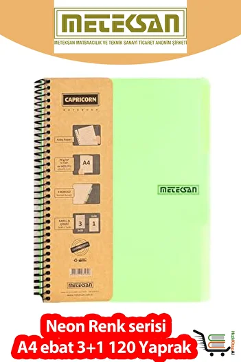 Meteksan Capricorn Neon Series A4 3+1 Subject 120 Sheets Plastic Cover School Notebook