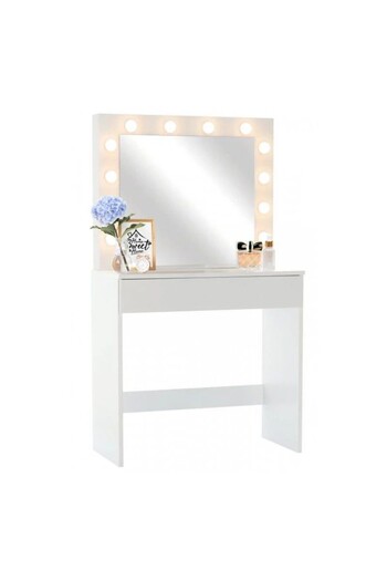 PROCART Masă de toaletă, oglindă iluminată cu 12 LED-uri alb cald, 80x40x140 cm, MDF, alb