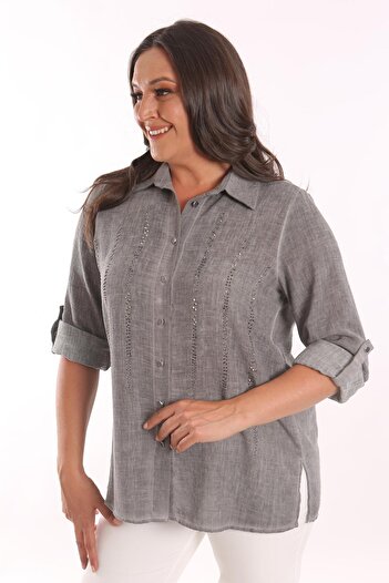 Metpoint Trend42Plus Large Size Anthracite Stone Printed Tie-Dye Washed Shirt