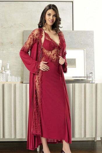 Xses 1019 Women's Burgundy Dowry Lace Satin Nightgown Set