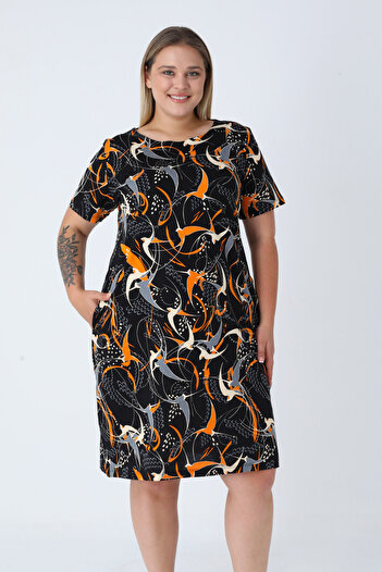 İntensive Black Patterned Cotton Pocket Skirt Women's Plus Size Dress