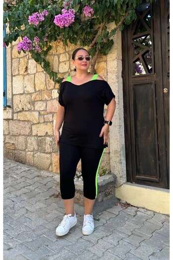 Vio Moda Büyük Beden Neon Suspender Leggings Set