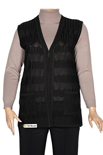 Hermevsim Hesna Women's Gökçe Knitwear Openwork Beaded Pocket Black Vest