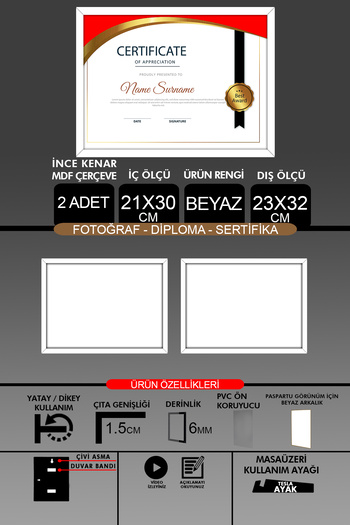 yhfoto 2 Pieces 21X30 Frame - A4 Frame with Thin Slats - White Frame - Photo Certificate Frame