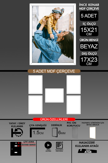 yhfoto 5 Pieces 15X21 Frame - Thin Slatted A5 Frame - White Frame - 6mm - Photo Frame