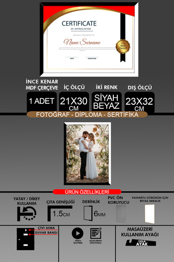 yhfoto 1 Piece 21X30 Frame - Fine Slatted A4 Frame - 2 Colors Black White - Photo Certificate Frame