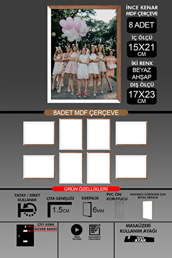 yhfoto 8 Pieces 15X21 Frame - Thin Slatted A5 Frame - 2 Colors White Wood - 6mm Photo Frame