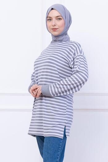 hafsamina Striped Short Combed Cotton Tunic Gray Hm2477