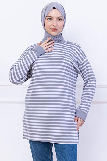 hafsamina Striped Short Combed Cotton Tunic Gray Hm2477
