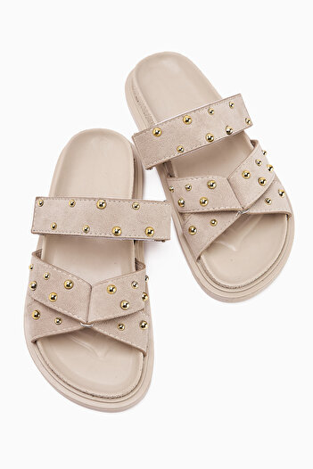 Limoya Mino Beige Cross Strap Studded Women's Slippers
