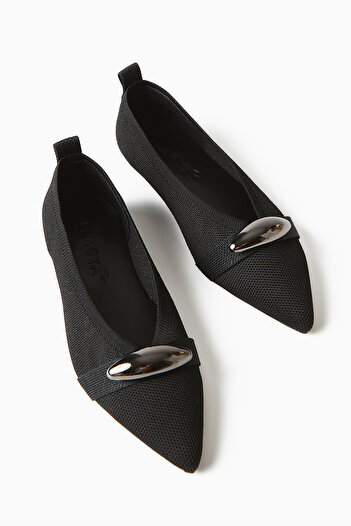 Limoya Lola Black Metal Buckle Women's Ballerina Pointed Toe Comfortable Daily Shoes