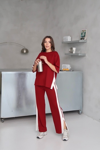 Paw Garage Women's Marry Modal Fabric Side Stripe Leg Slit Bottom-Top Summer Suit