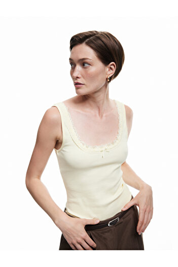 Koton Cotton Slim Fit U Neck Ruched Bow Detailed Tank Top