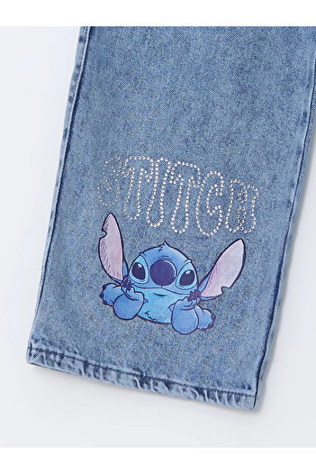 LC Waikiki Lcw Kids Blue Elastic Waist Stitch Stone Printed Girls' Jean Pants