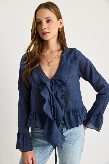 Bianco Lucci Women's Textured Flounced Lightweight See-Through Modal Blouse 60282030