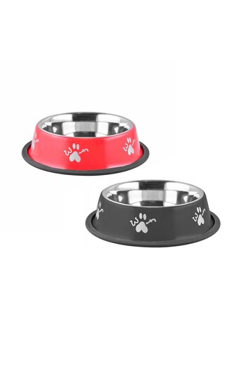 Agility Bol pentru hrana animale cu suport gumat, inox, diametru 15,5 cm, model labute, negru/rosu