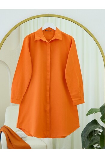 Modamorfo Oval Cut Long Shirt with Hidden Buttons -Orange