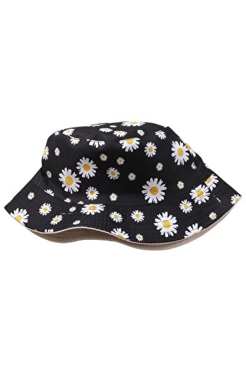 OEM Bucket Hat with 2 sides, 2 in 1, Reversible embroidered, floral pattern, casual - Cream - Black