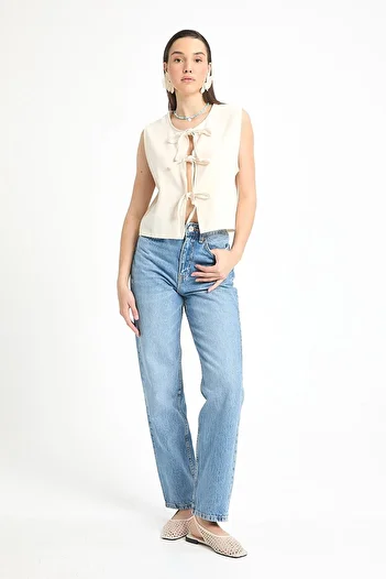 minaaise Ecru Lace-Up Short 100% Cotton Vest 29204