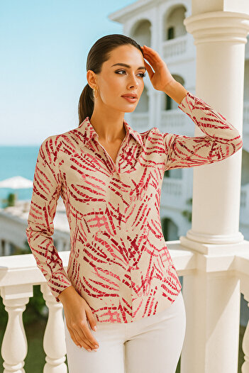 Rich Women's Pink-Beige Satin Slim Fit Shirt - Trendy Shirt with Hidden Button Detail